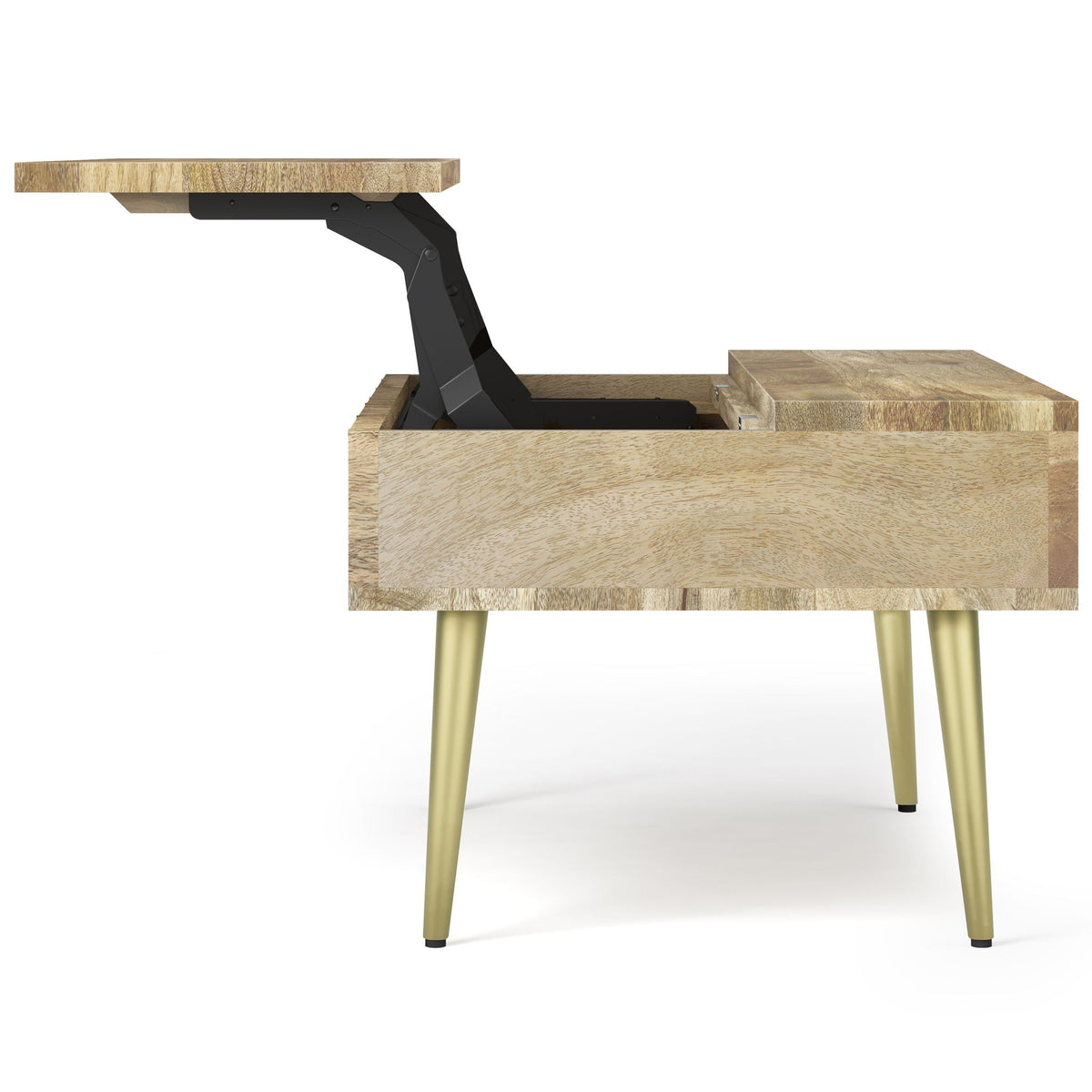 Handcrafted lift-top coffee table with storage, oak grain, black lift mechanism, gold legs on Tampa Home & Garden Store