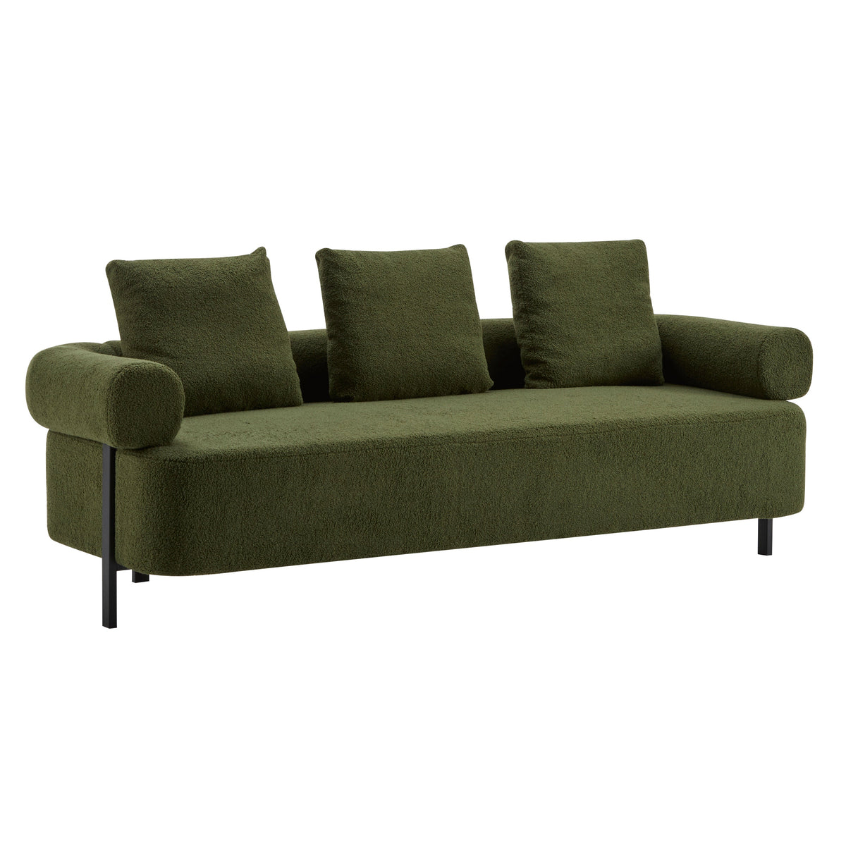 78 inch modern 3-seater sofa in olive green boucle fabric with back cushions and metal legs on Tampa Home & Garden Store