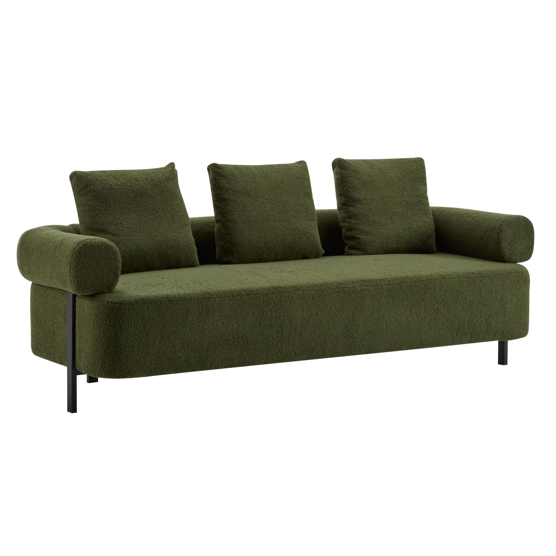 78 inch modern 3-seater sofa in olive green boucle fabric with back cushions and metal legs on Tampa Home & Garden Store