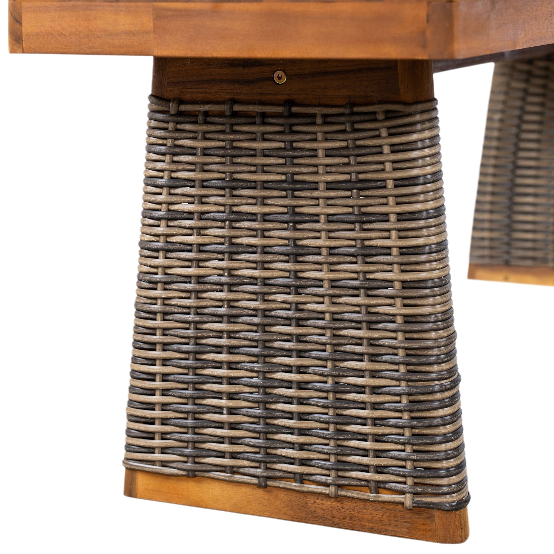 Outdoor dining set base: acacia wood frame with handwoven brown rattan pedestal on Tampa Home & Garden Store