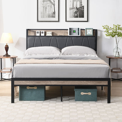 Modern storage bed frame with gray upholstered headboard and USB charging teal storage bags on Tampa Home & Garden Store