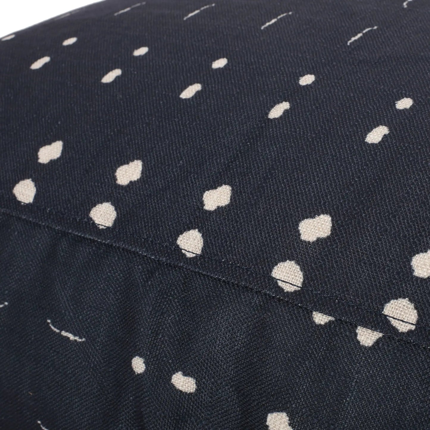 Dalm fabric square pouf ottoman in dark blue with white polka dots close-up texture on Tampa Home & Garden Store