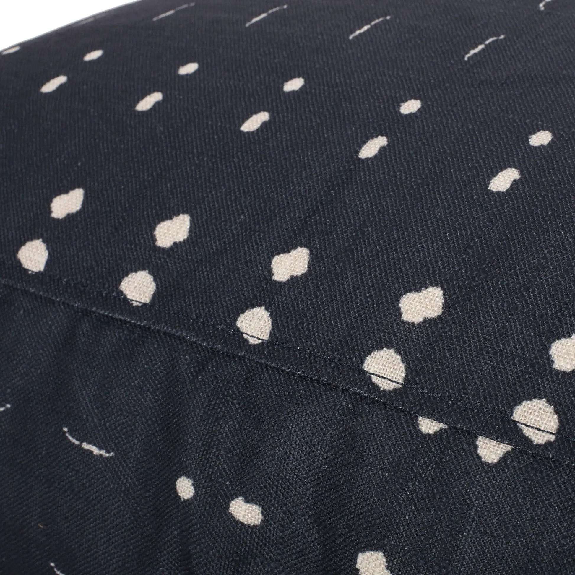 Dalm fabric square pouf ottoman in dark blue with white polka dots close-up texture on Tampa Home & Garden Store