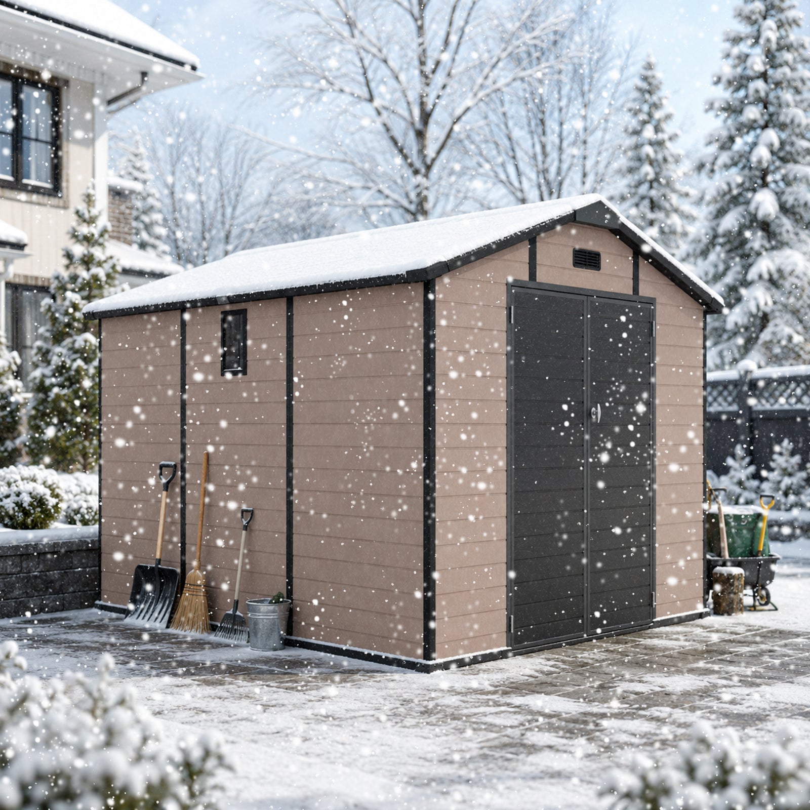 8x10 ft plastic storage shed lockable resin tool shed by HouseOfZazla tan with black trim on Tampa Home & Garden Store