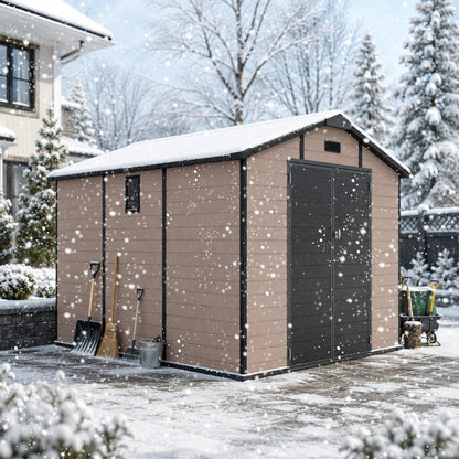 8x10 ft plastic storage shed lockable resin tool shed by HouseOfZazla tan with black trim on Tampa Home & Garden Store