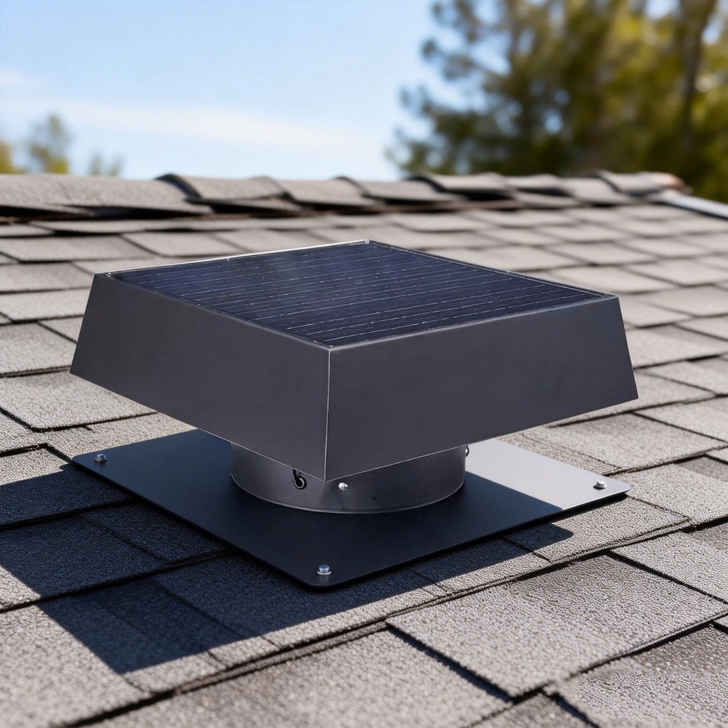 12in flush-mount trapezoid solar attic vent with dual power exhaust fan on Tampa Home & Garden Store