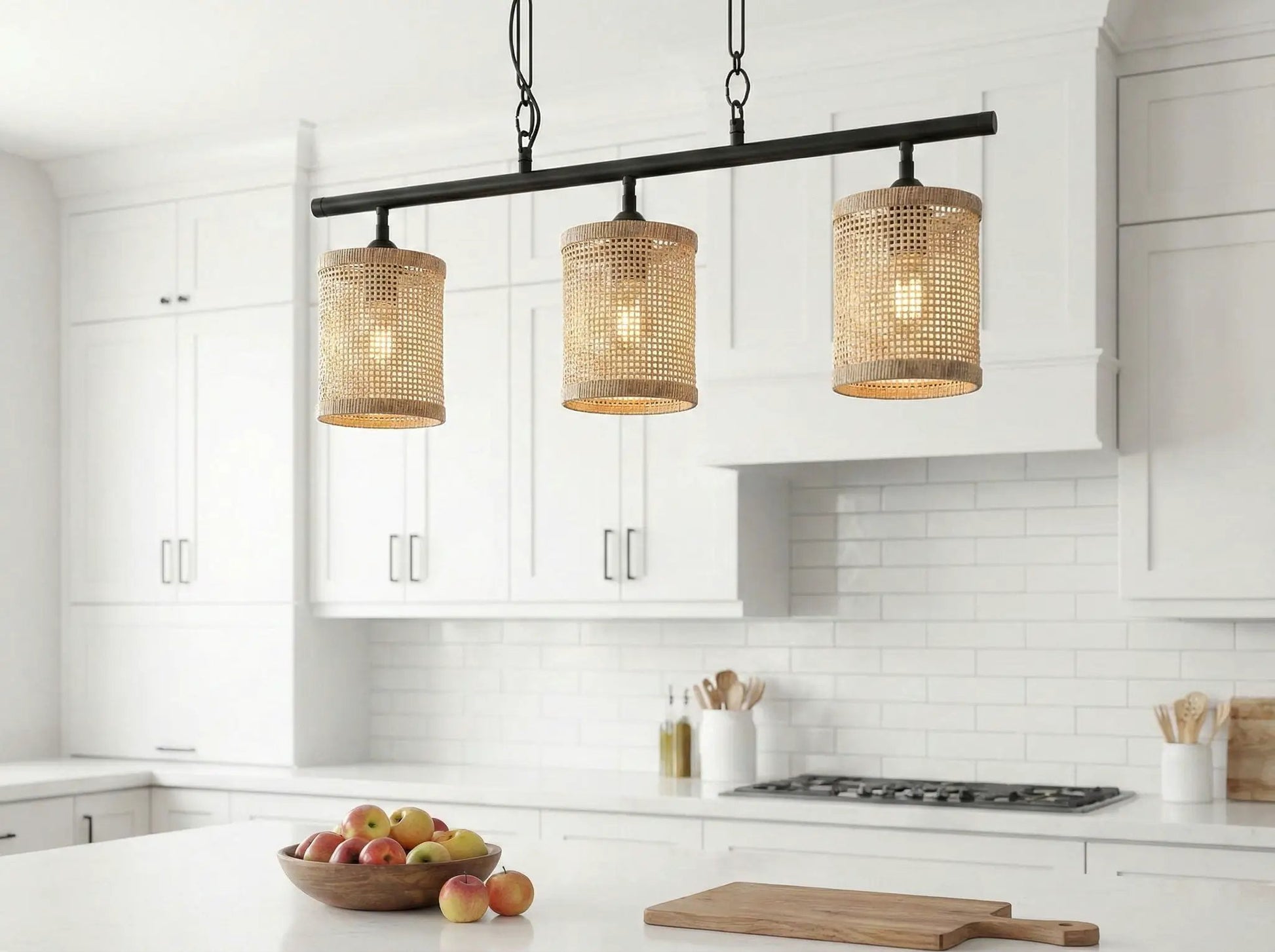 Elysian 3-light island lamp with black metal bar and rattan shade by Unique Piece Furniture on Tampa Home & Garden Store