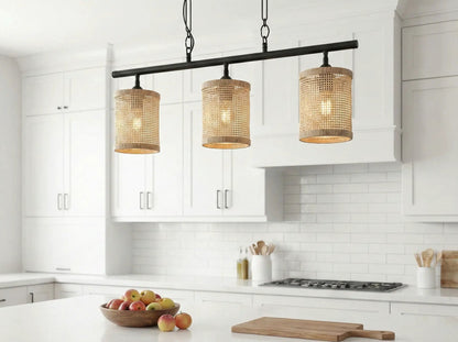 Elysian 3-light island lamp with black metal bar and rattan shade by Unique Piece Furniture on Tampa Home & Garden Store