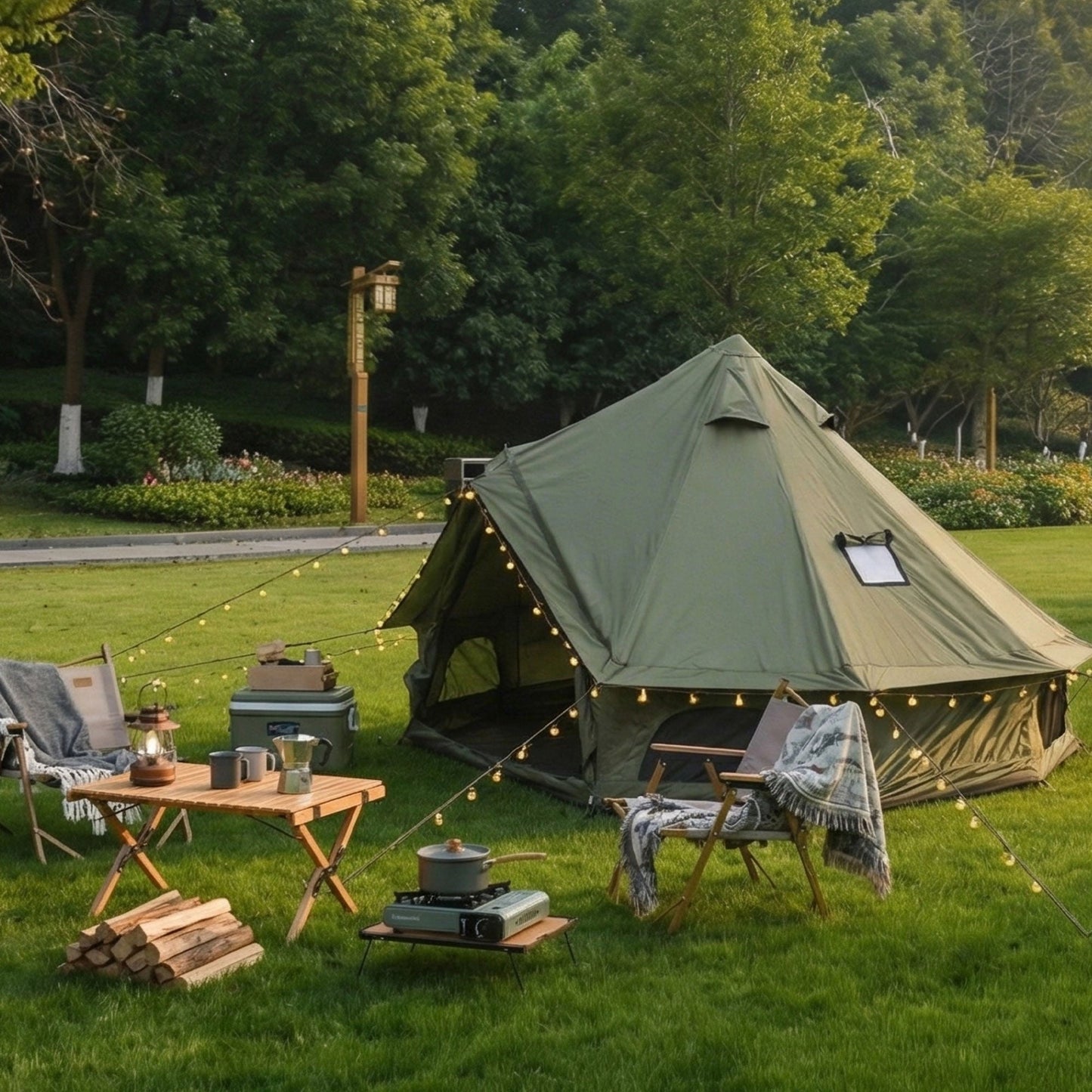 4 Season Bell Tent 9.8 ft HouseOfZazla olive green with string lights and camping chairs on Tampa Home & Garden Store