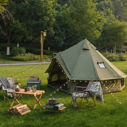 4 Season Bell Tent 9.8 ft HouseOfZazla olive green with string lights and camping chairs on Tampa Home & Garden Store