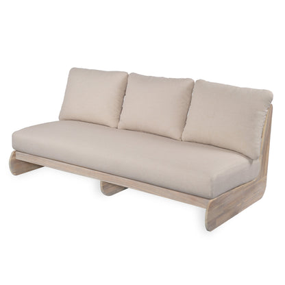 Outdoor Acacia Lazy 5 Seater Chat Set sofa with beige cushions and wood base on Tampa Home & Garden Store
