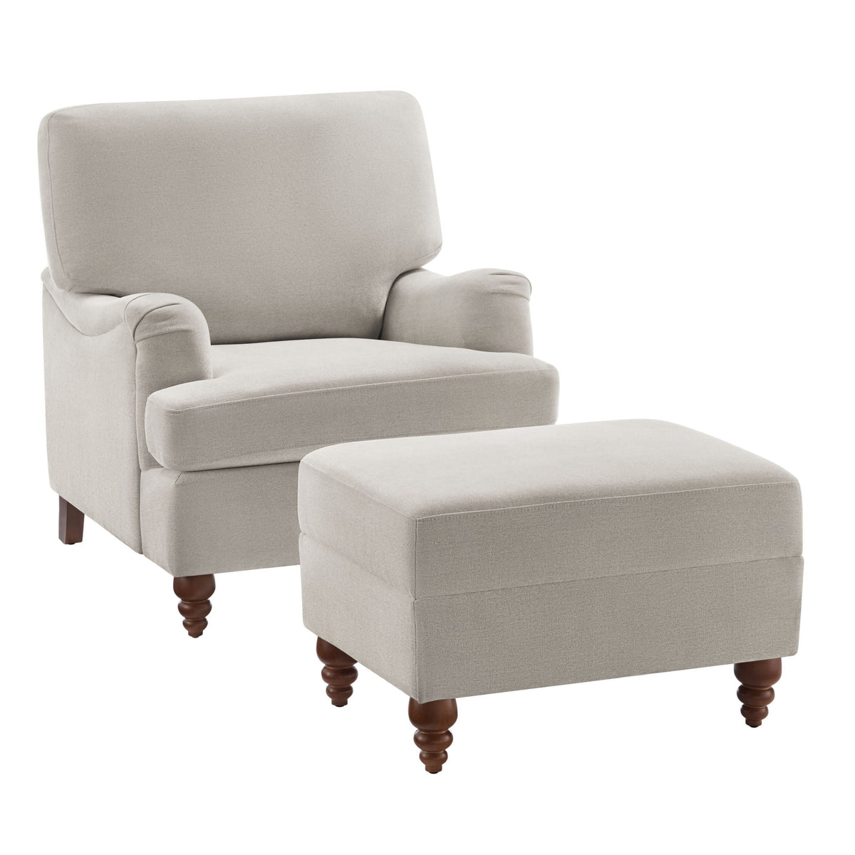 Beige stationary chair & ottoman set by HouseOfZazla, upholstery with English roll arms on Tampa Home & Garden Store