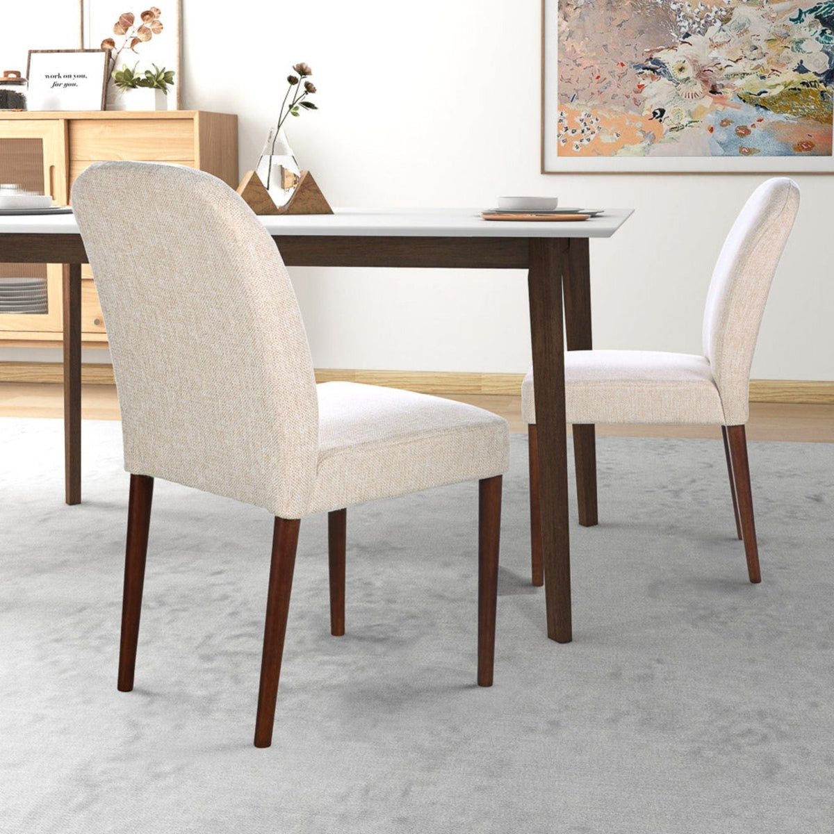 Beige linen dining chairs set of 2 with padded seats, dark wood legs by HouseOfZazla on Tampa Home & Garden Store
