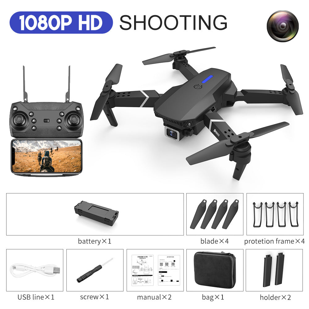 E88 Drone quadcopter with remote, 4K dual camera, black, blades & accessories on Tampa Home & Garden Store