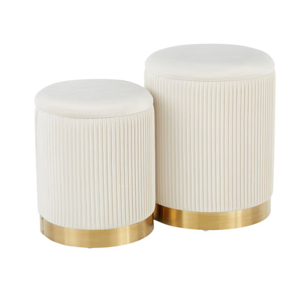 Contemporary nesting pleated ottoman set of three with white fabric and brass bases on Tampa Home & Garden Store