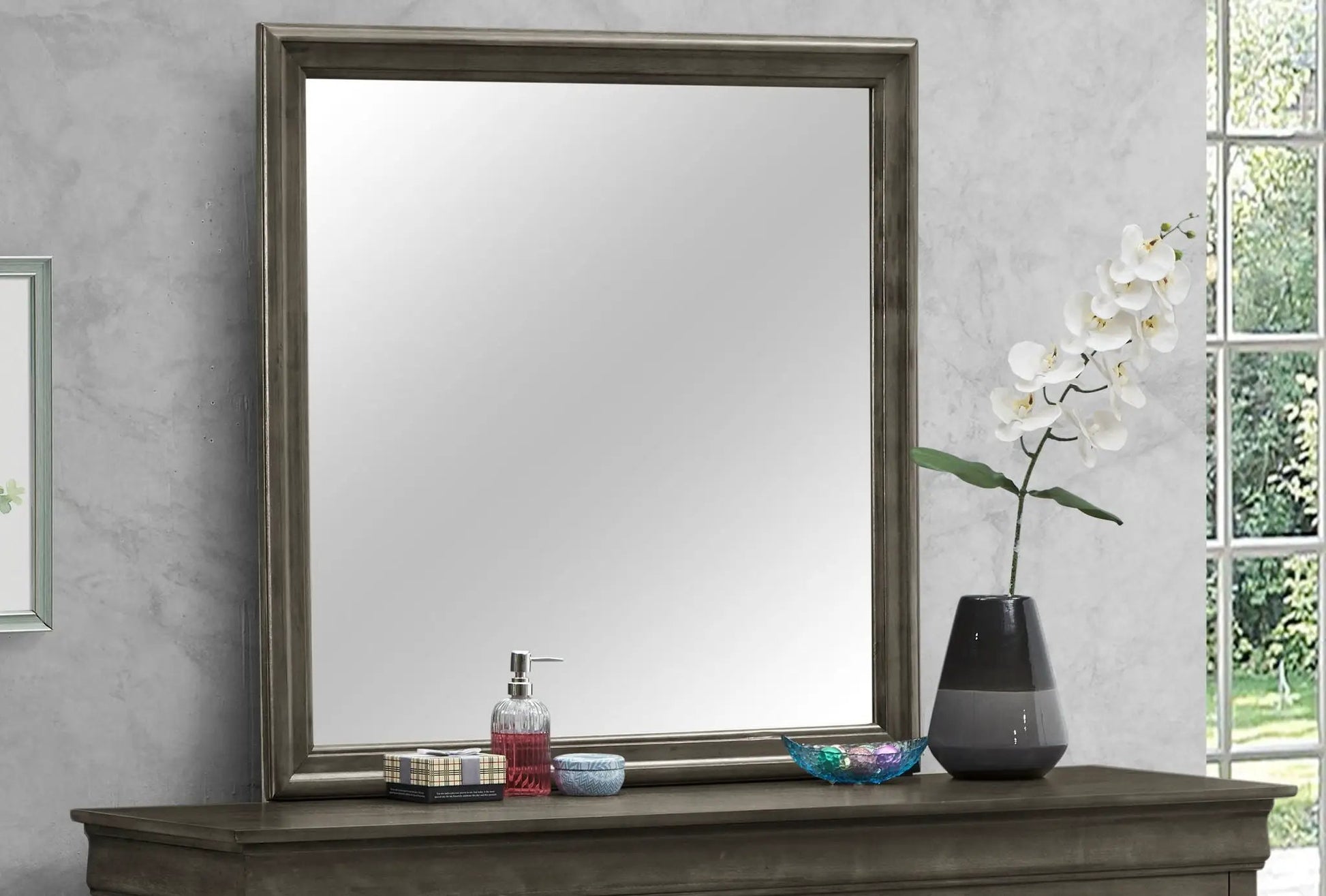Traditional wall mirror with brushed silver wood-veneer frame by Unique Piece Furniture on Tampa Home & Garden Store