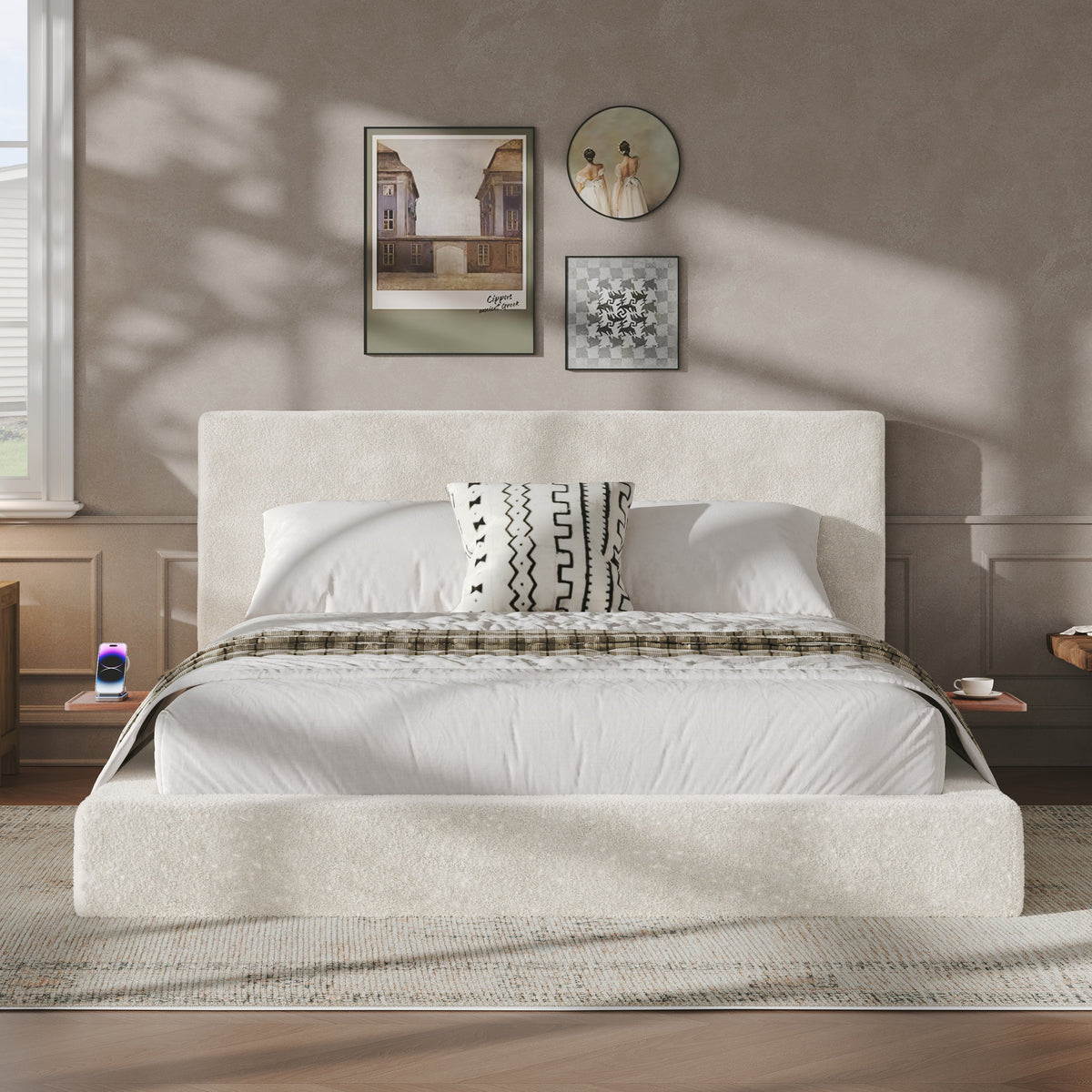 AirFrame Queen Bed Frame with Adjustable Sliding Side Table in off-white sherpa by HouseOfZazla on Tampa Home & Garden Store