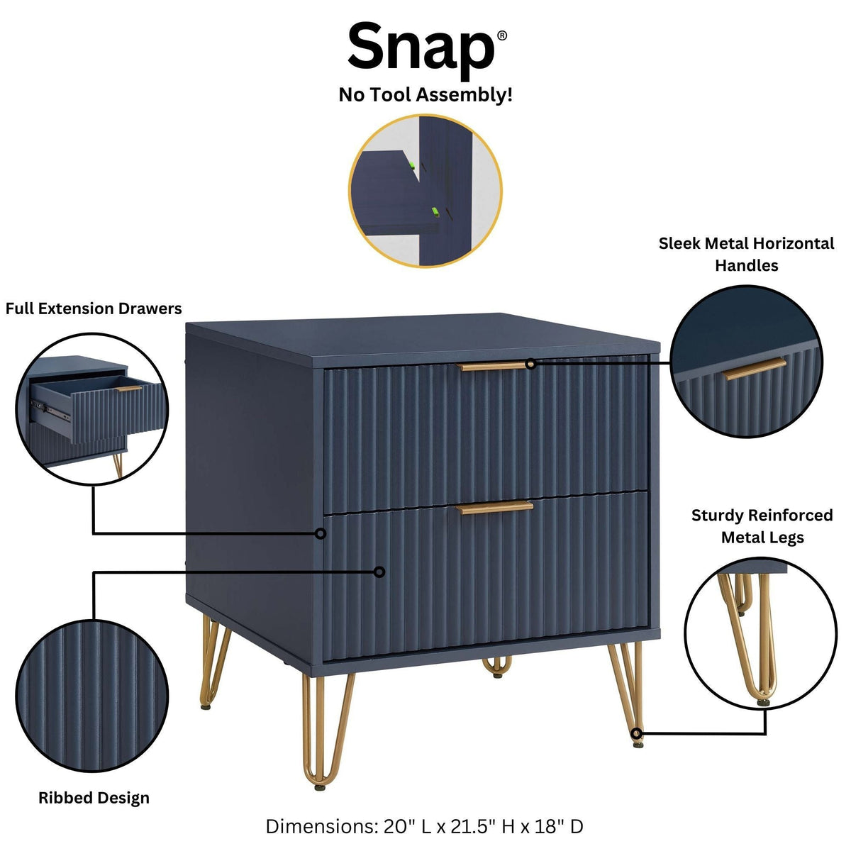 Dumbo Nightstand 2-drawer navy blue ribbed front with gold metal legs HouseOfZazla on Tampa Home & Garden Store