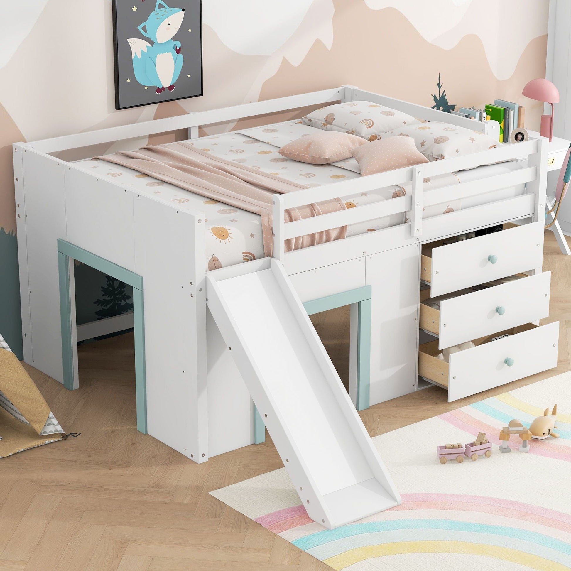 Modern Low Loft Bed With Slide, 3 Storage Drawers, And 2 Doors in white by HouseOfZazla on Tampa Home & Garden Store