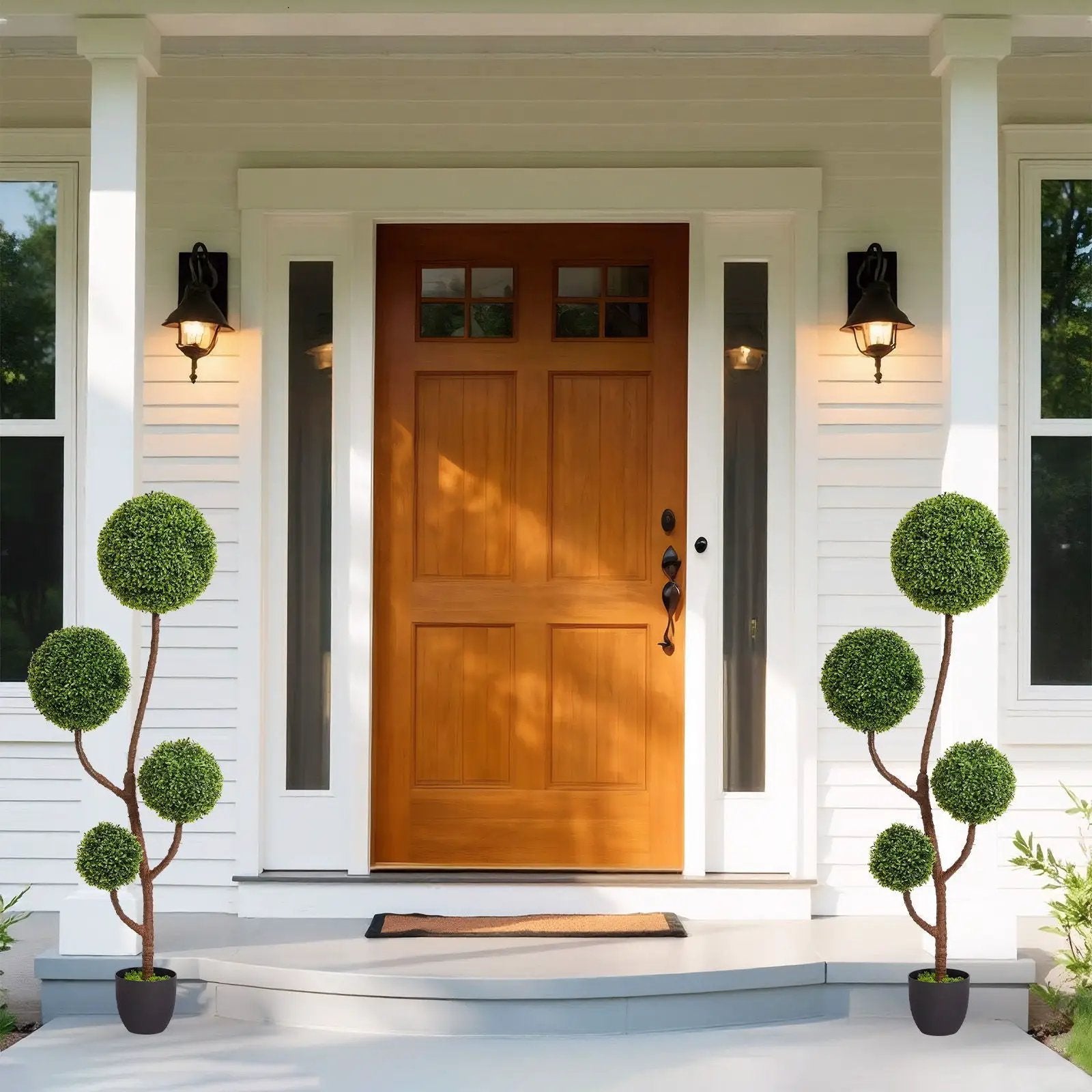 Artificial boxwood topiary triple-ball tree 150 cm green, shown in pots by front door on Tampa Home & Garden Store