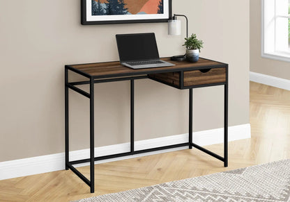 Computer desk for home office with black metal frame and walnut top, 1 storage drawer, laptop on Tampa Home & Garden Store