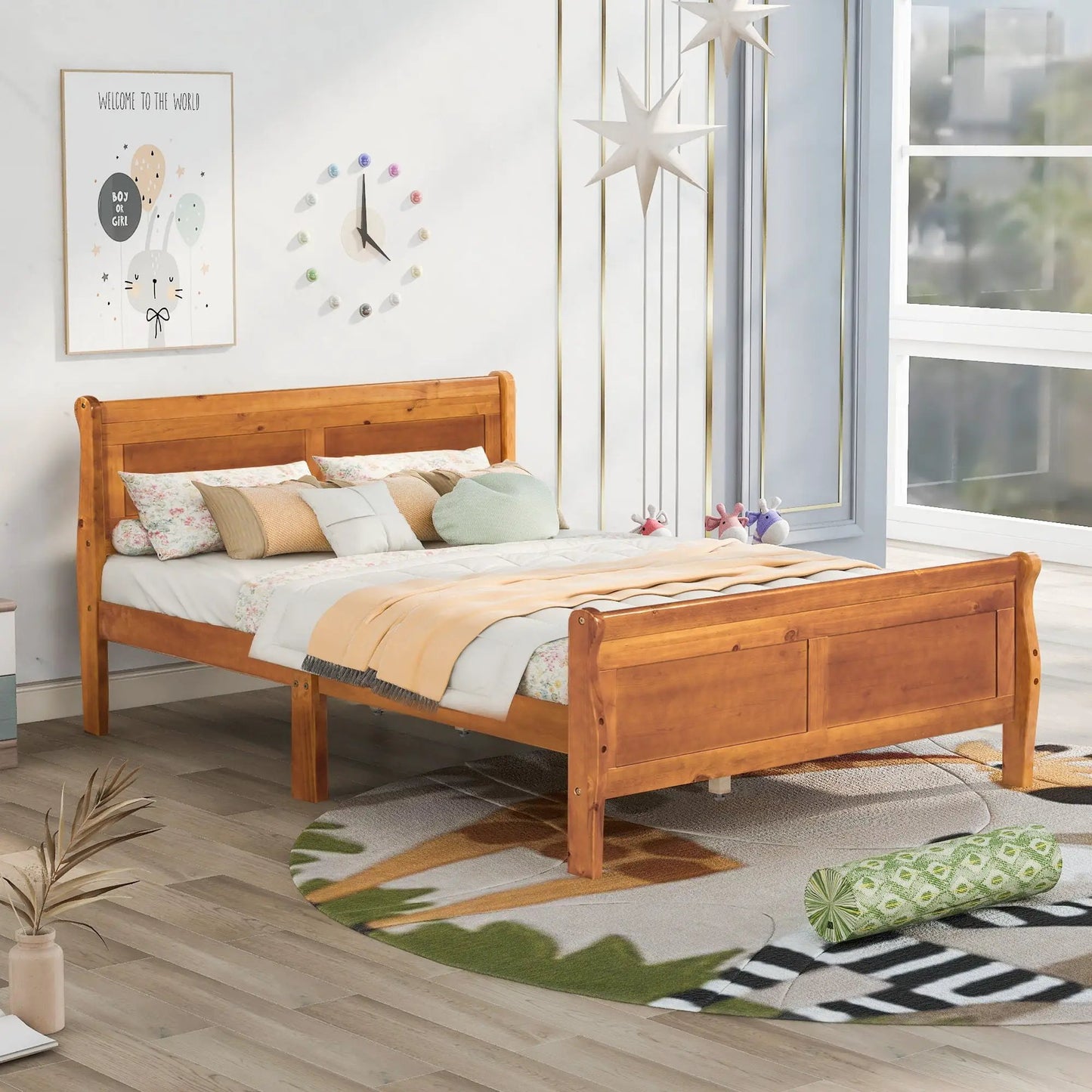 Platform bed frame in natural wood with headboard and footboard, wood slat support, Unique Piece Furniture on Tampa Home & Garden Store