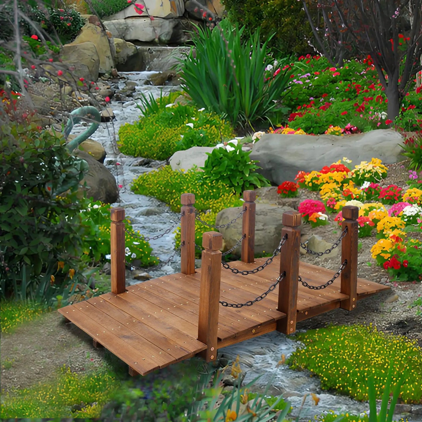Wooden Arc Footbridge With Chain Railings Brown