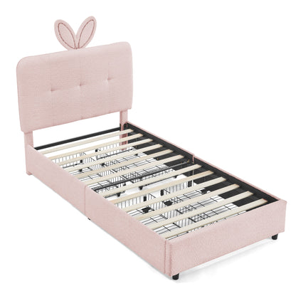 Twin size kids bed with oversized rabbit ear headboard in pink fabric by HouseOfZazla on Tampa Home & Garden Store