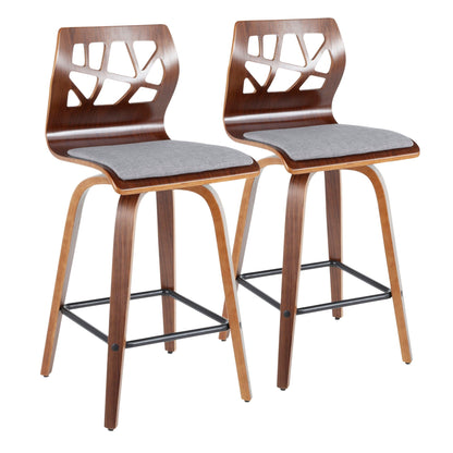 Mid-Century Modern Counter Stool Set with Swivel - 2 walnut stools with gray cushions on Tampa Home & Garden Store