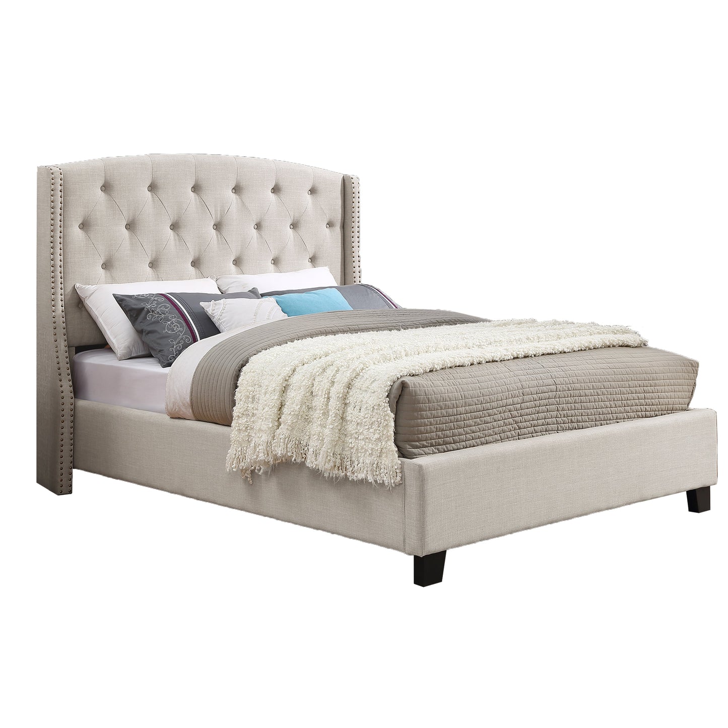 Astral tufted wingback bed in beige upholstery with nailhead trim and dark legs on Tampa Home & Garden Store