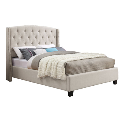 Astral tufted wingback bed in beige upholstery with nailhead trim and dark legs on Tampa Home & Garden Store