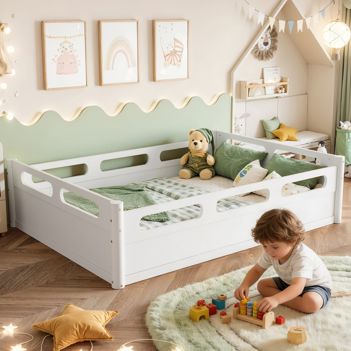 Full Size Platform Bed with Guardrails white with mint headboard panels for kids room on Tampa Home & Garden Store