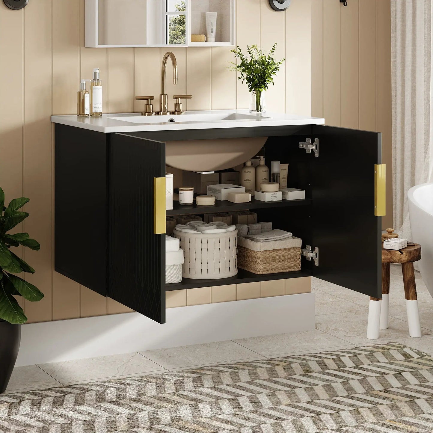 Bathroom vanity with sink, black cabinet, white countertop, two soft closing doors, brass faucet on Tampa Home & Garden Store
