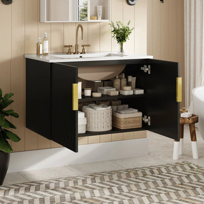 Bathroom vanity with sink, black cabinet, white countertop, two soft closing doors, brass faucet on Tampa Home & Garden Store