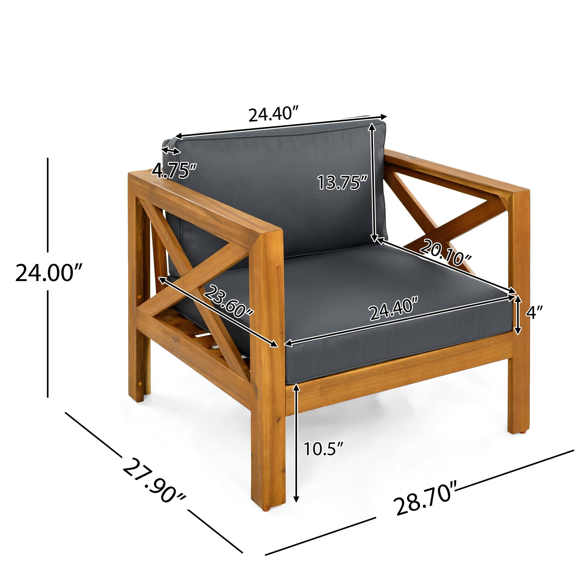 HouseOfZazla outdoor club chair with gray cushions on acacia wood frame on Tampa Home & Garden Store