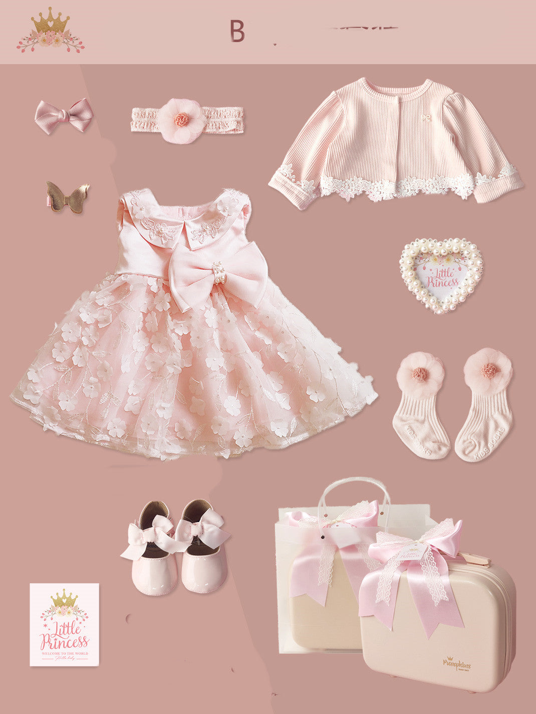 Baby princess dress set: pink lace dress with floral overlay, matching cardigan and accessories on Tampa Home & Garden Store