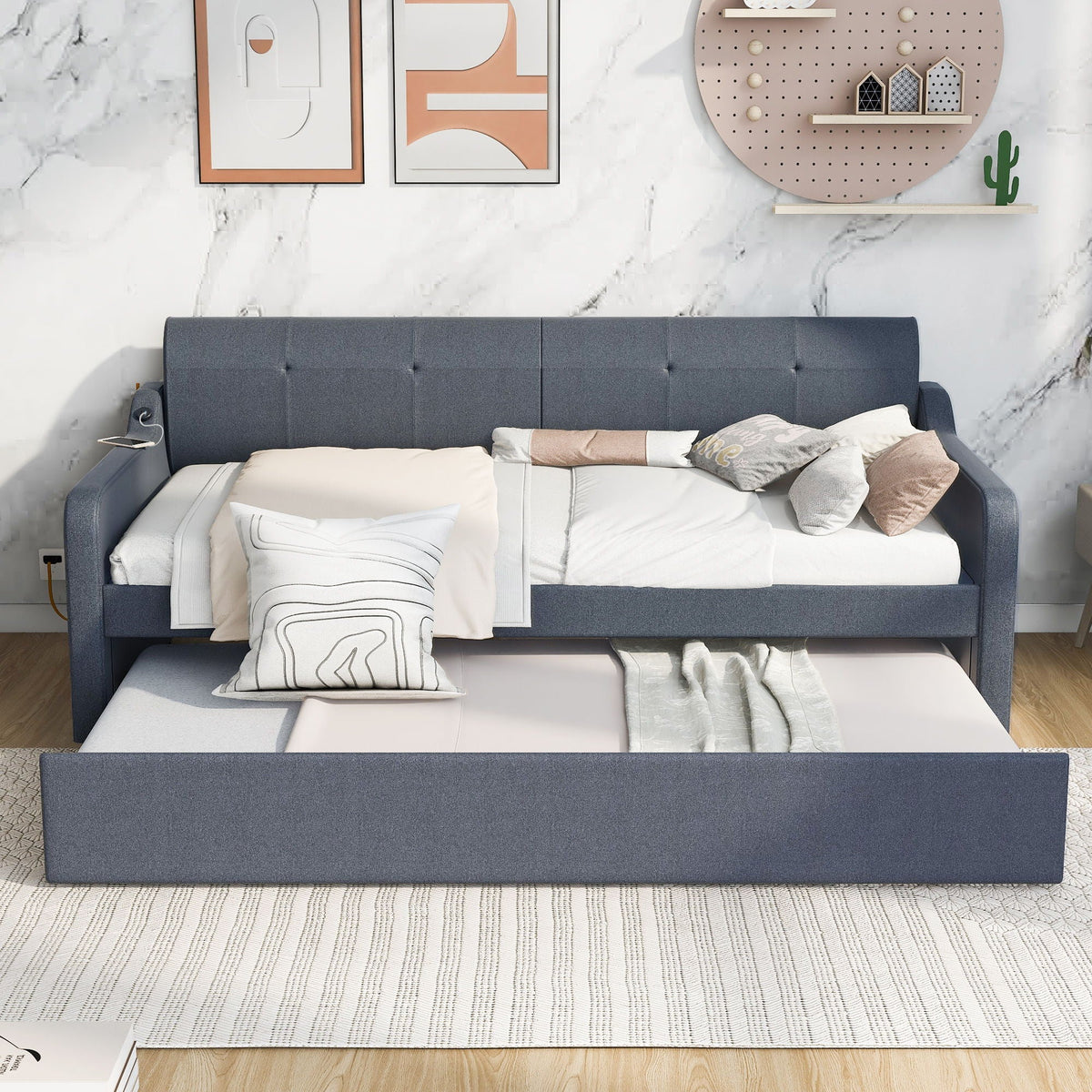 Upholstered daybed with pull-out trundle in navy blue fabric with USB charging on Tampa Home & Garden Store