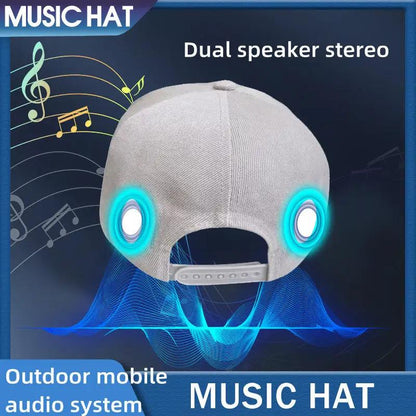 Bluetooth music hat with dual stereo speakers and blue LED rings gray on Tampa Home & Garden Store