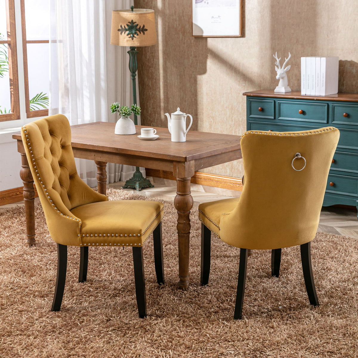 Tufted velvet dining chairs in mustard yellow with nailhead trim, four chairs HouseOfZazla on Tampa Home & Garden Store