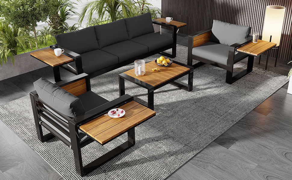 Aluminum frame 5-seat outdoor patio set with black frames and wood tabletops, gray cushions on Tampa Home & Garden Store