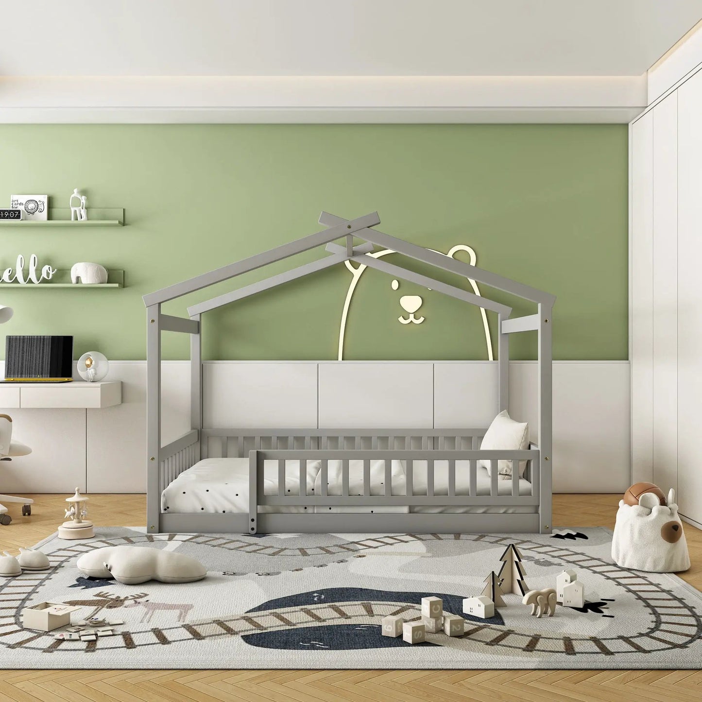 Bed House Bed Frame With Fence in gray wood by Unique Piece Furniture with playhouse frame on Tampa Home & Garden Store