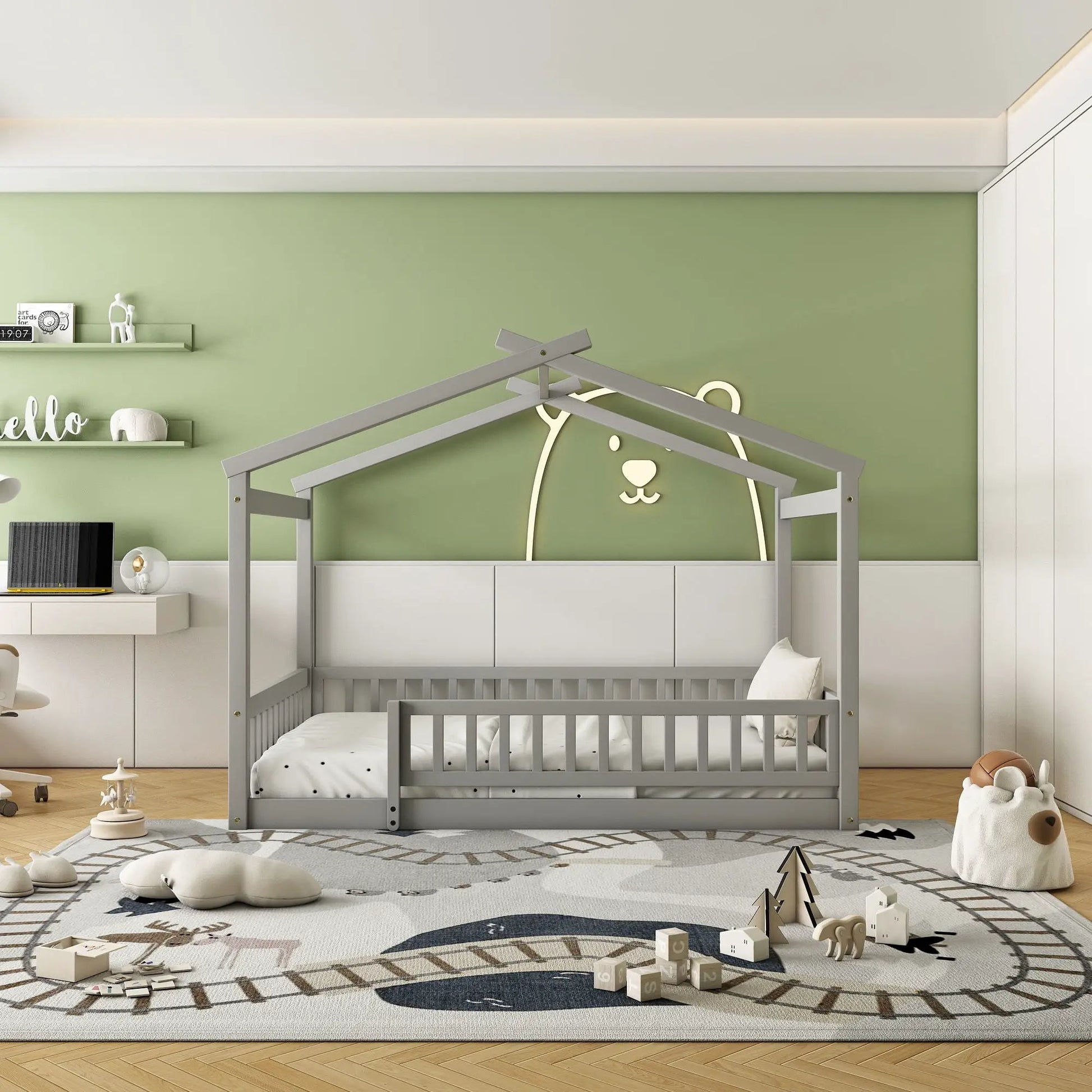 Bed House Bed Frame With Fence in gray wood by Unique Piece Furniture with playhouse frame on Tampa Home & Garden Store