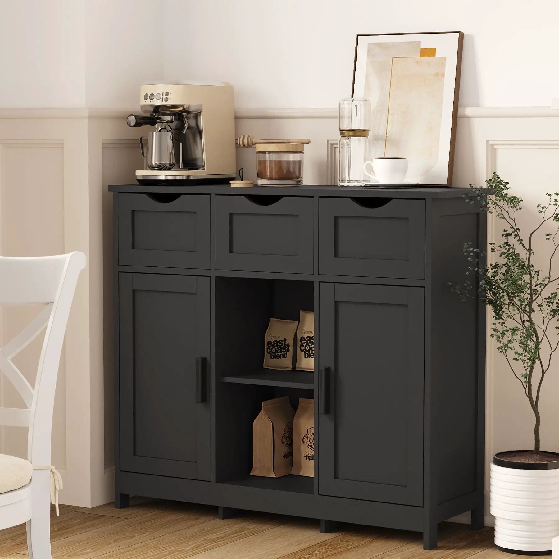 Dark gray storage cabinet sideboard with drawers and shelves, coffee machine on top on Tampa Home & Garden Store