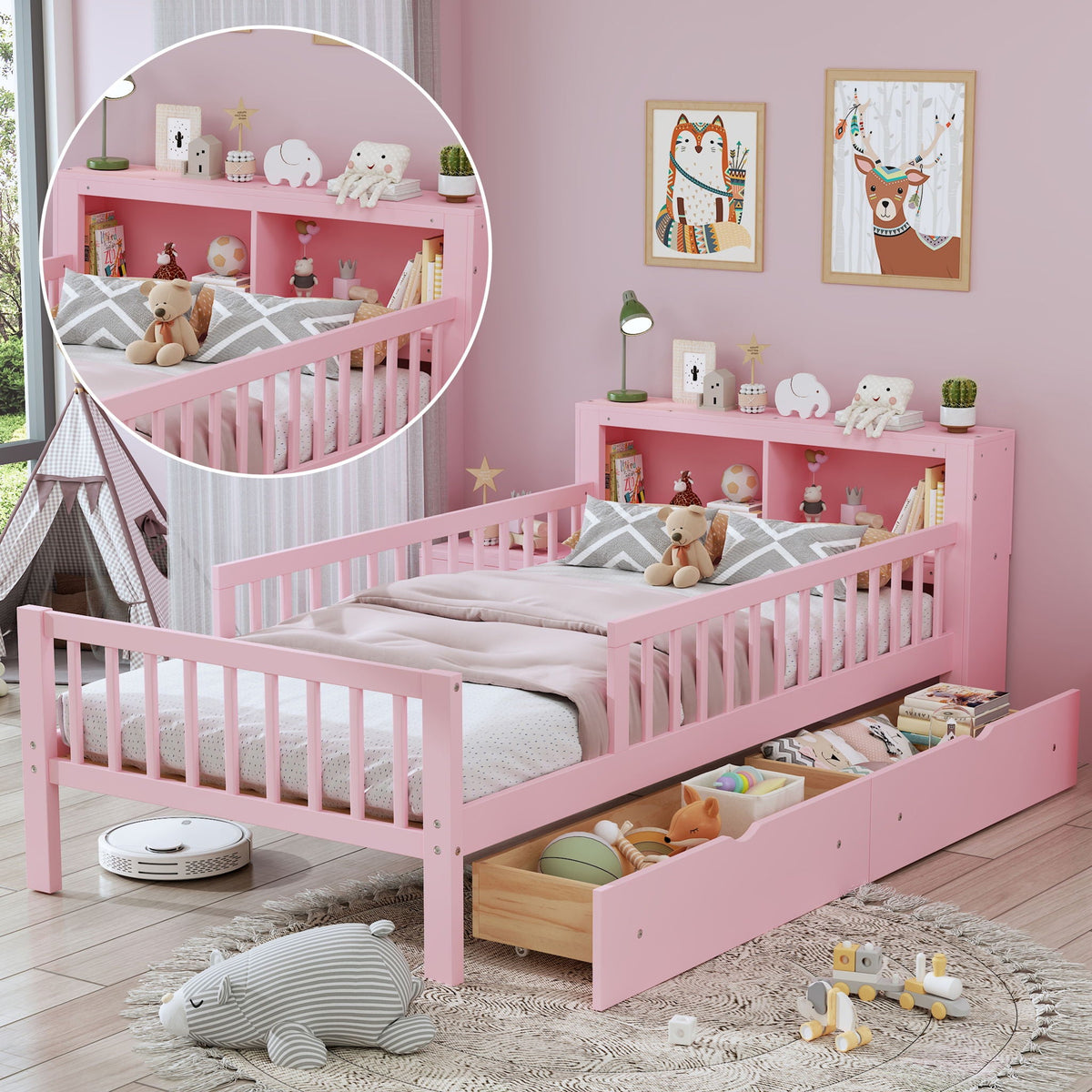 Pink storage bed with headboard rack, 2 underbed drawers, and 3 side rails on Tampa Home & Garden Store