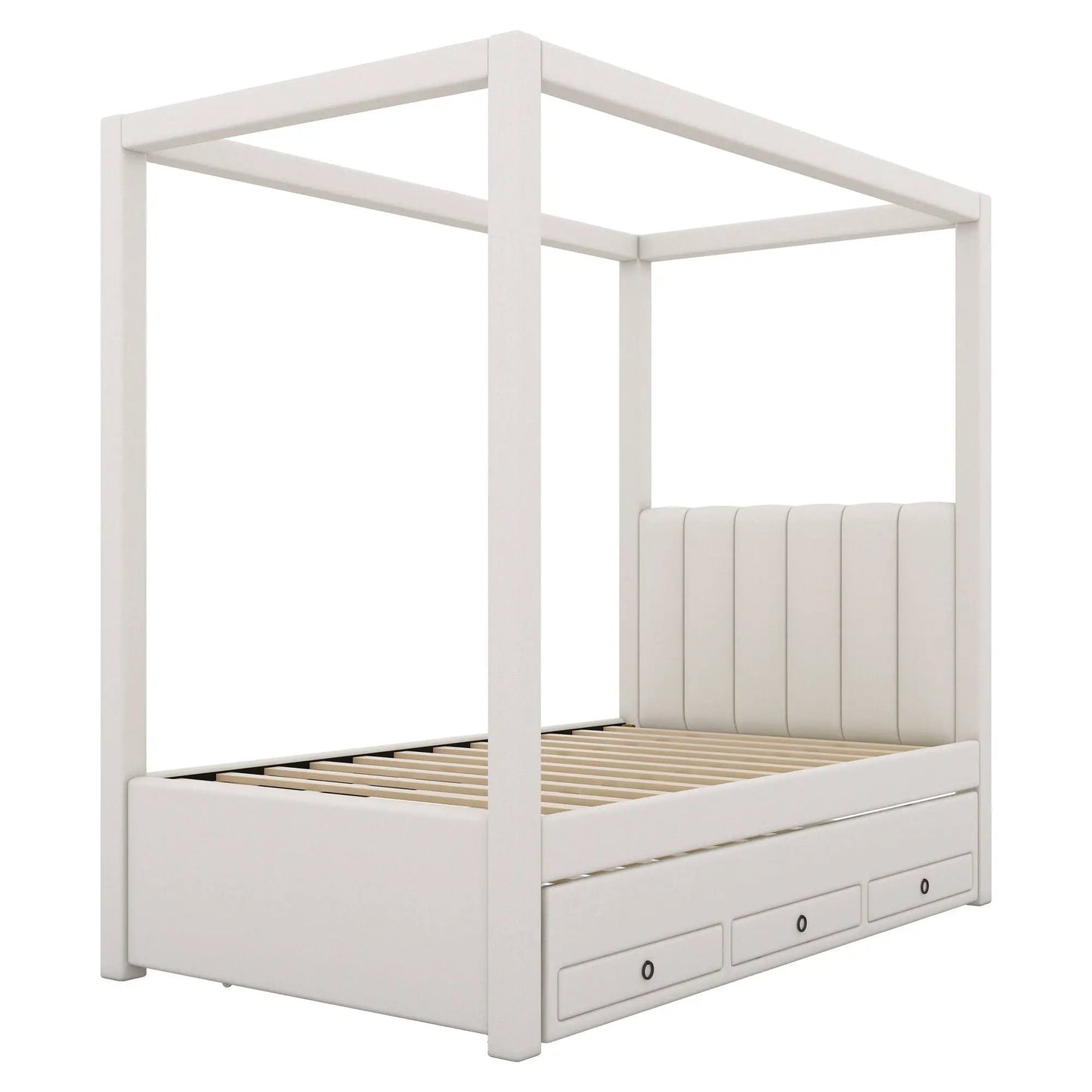 Upholstered canopy platform bed in white with slatted base and three front storage drawers on Tampa Home & Garden Store
