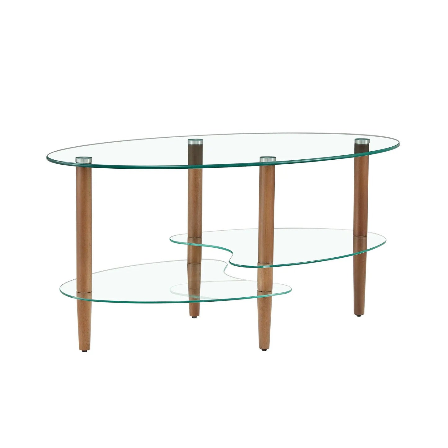 Transparent oval glass coffee table with oak legs and 3-tier design on Tampa Home & Garden Store