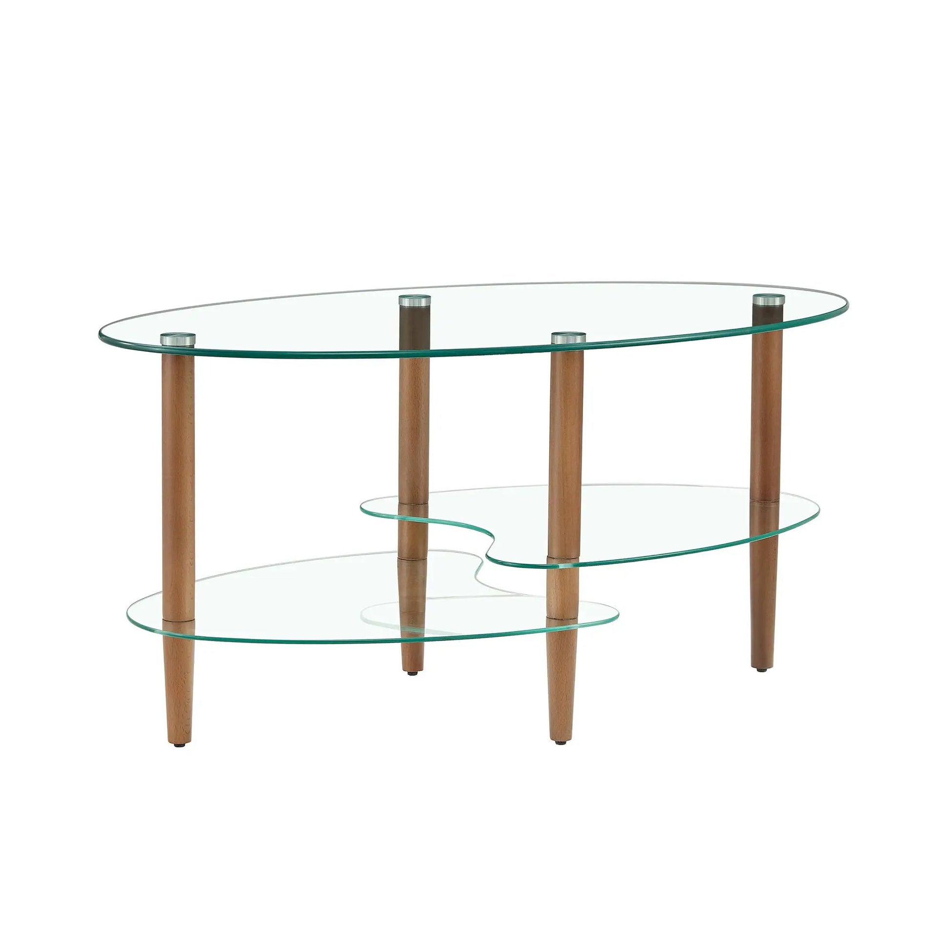 Transparent oval glass coffee table with oak legs and 3-tier design on Tampa Home & Garden Store
