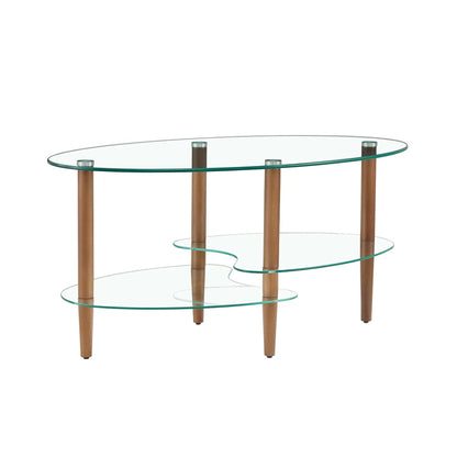Transparent oval glass coffee table with oak legs and 3-tier design on Tampa Home & Garden Store