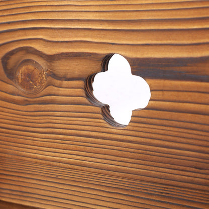 Wooden wagon planter box detail in brown with carved curves and rich wood grain on Tampa Home & Garden Store