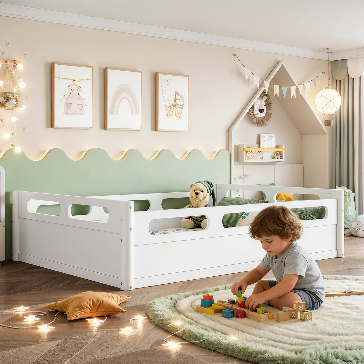Full size floor platform beds with guardrails, white finish, set of 2 for kids room on Tampa Home & Garden Store